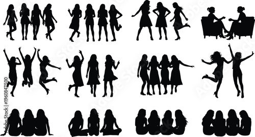 women, silhouettes, group, friends, poses, people, collection, flat, vector, illustration, black, isolated, design, template, lifestyle, social, dancing, sitting, standing, concept
