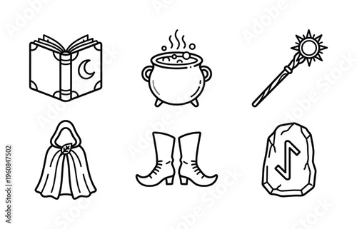 Set of six magic and witchcraft line icons. Vector collection includes a spell book, cauldron, wand, cloak, boots, and rune. For fantasy, Halloween, or game design.