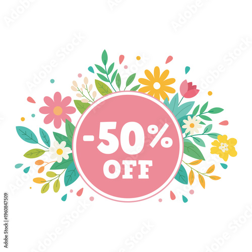 Spring Sale 50 Percent Off Badge with Flowers