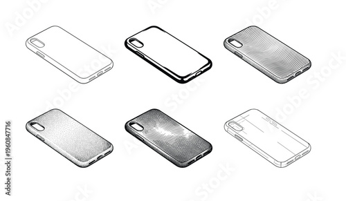 A set of six isometric smartphone cases illustrated in various technical drawing and engraving styles. Perfect for tech mockups, product design, and mobile accessory advertising.