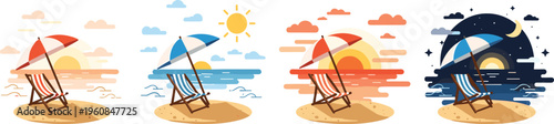 Beach chair with umbrella scenes collection in different times of day, sunrise sunset and night seaside landscapes vector illustration set for summer design