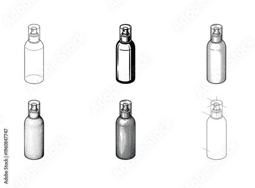 A set of six spray bottle icons in different black and white vector art styles. Includes outline, hatching, and stippling. Ideal for cosmetic, beauty, or packaging design.