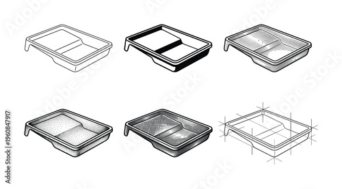 Set of six paint tray vector illustrations in engraving, stippling, and line art styles. Ideal for DIY projects, renovation guides, and creative tool-related designs.