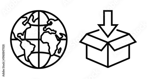 Minimalist line icons of a globe and a box. Symbolizes worldwide shipping, global logistics, international delivery, and e-commerce business. Vector illustration for web or app.