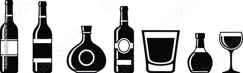 Set of alcohol bottle and glass silhouettes wine liquor beverage icons collection isolated vector illustration for bar menu and packaging design