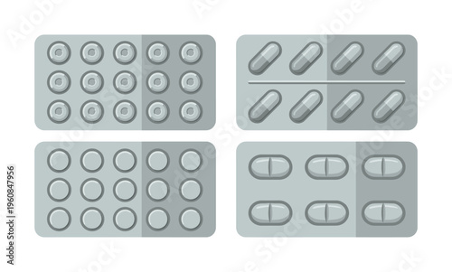 A set of pills, tablets, and capsules in blister packs. Vector illustration for healthcare, medicine, pharmacy, and pharmaceutical industry concepts. Flat design elements.