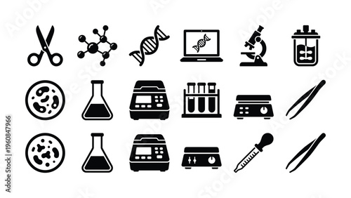 Set of black glyph icons for biotechnology and genetic research. Includes lab equipment, DNA, and molecule symbols. Perfect for science infographics, websites, and presentations.