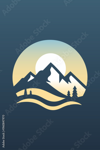 Logo agencia de viajes. Vacaciones de verano. Dibujo sencillo con silueta de un paisaje con montaña, árboles y el sol asomando, en un círculo 