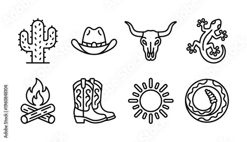 A set of wild west linear icons. Features cowboy, desert, and western symbols like cactus and skull. Perfect for modern logos and graphic design.