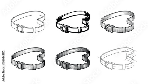 A vector set of classic belt illustrations showcasing different graphic techniques. Includes outline, hatching, and stippling styles. Ideal for fashion design, icons, or manuals.