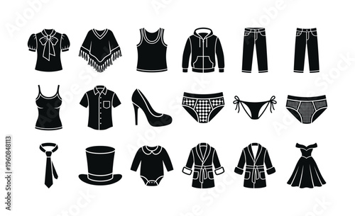 A set of black clothing and apparel icons. Includes diverse garments for men, women, and babies. Minimalist vector illustration for fashion design, e-commerce, or web graphics.