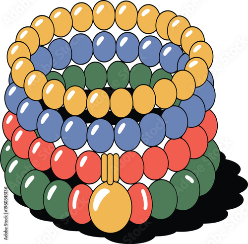 A colorful illustration of stacked beaded bracelets in various colors and designs