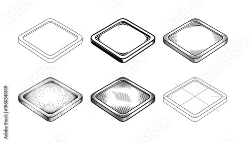 Set of six isometric rounded squares. Vector collection shows different hand-drawn techniques like hatching and stippling. For icons, buttons, and technical design.