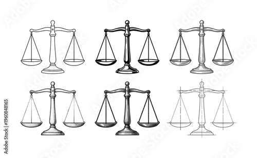 A set of six black and white justice scales vector illustrations. Vintage style icons for law, legal, and court concepts. Perfect for logos or judicial design elements.