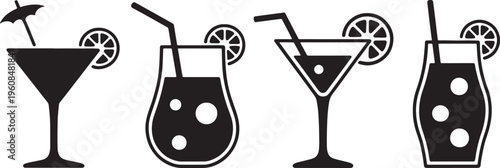 Tropical cocktail drinks silhouette set with citrus slices and straws for summer party celebration. Vector illustration