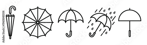A set of five minimalist umbrella line icons. Includes open, closed, top view, and rainy weather symbols. Perfect for UI, web design, and protection or insurance concepts.