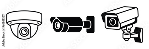 A set of different security camera icons for surveillance systems. Black vector illustration for safety, monitoring, and protection concepts. Perfect for web design and security apps.