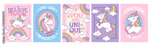 Unicorn poster. Cute horses with wings. Funny colorful kids interior banner with unicorns, rainbow, cloud, star, bow in decorative frames, with text. Girly vector card set