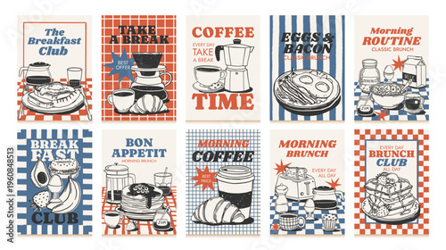 Hand drawn breakfast poster. Chalk food banner. Sketch crayon drink, coffee, croissant, egg, bread, avocado, waffles. Doodle brunch elements with quotes. Vector set