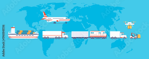 Global logistic transports. International logistics company. Delivery transportation, trucks, vans, scooters, airplanes, ships. Transport chain management vector concept