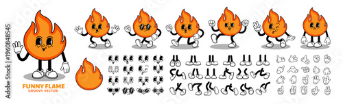 Fire characters. Groovy funny flames. Comic retro fires, vintage flames mascot running, walking in various poses with faces, emotions, legs, hands. Vector set
