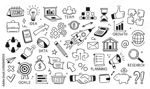 Business doodle. Hand drawn deal elements. Sketch line start up, marketing, business plan, success idea, finance, briefcase, investment elements. Vector set