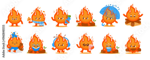 Cute flame mascots. Funny fire character. Cartoon happy burning flames with various faces and emotions walking, drinking cacao, jumping, reading, jumping. Vector set