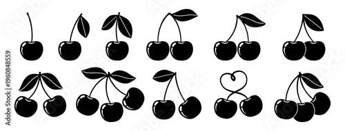 Cherry icon. Black cherries silhouette. Abstract berry with leaves on different sides. Summer fruit logo. Spring garden berries elements for food, drink vector label