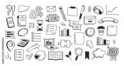 Doodle planning elements. Hand drawn pencil organization and plan icon. Sketch chalk plan elements for social media, ads, marketing. Bulb, arrow, goal note, office elements. Vector set