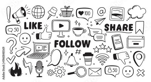 Doodle social media. Hand drawn content creator elements. Sketch pencil blog, worldwide web, internet, networks, phone notification icons. Friendly communication symbols. Vector set