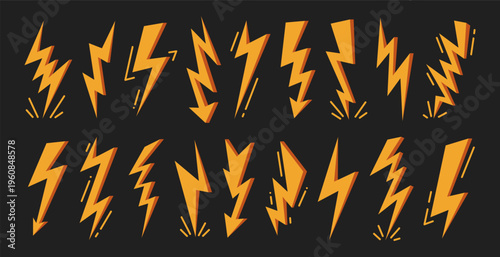 Yellow lightning. Simple bolt. Flat thunder symbols, flash icon, electric arrows, energy power light. Cartoon abstract graphic electrical discharge, fast strike. Vector set
