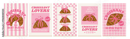Hand drawn croissant poster. Bakery with bows. Banner with sweet pastry, ribbon, bow, text for cafe menu, stickers, prints. Coquette elegance croissants. Vector background