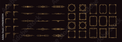 Art Deco frame. Geometric ornament border. Vintage 1920s luxury golden style dividers, corners, frames, headers. Retro elegance element for invitation, card, poster. Vector set