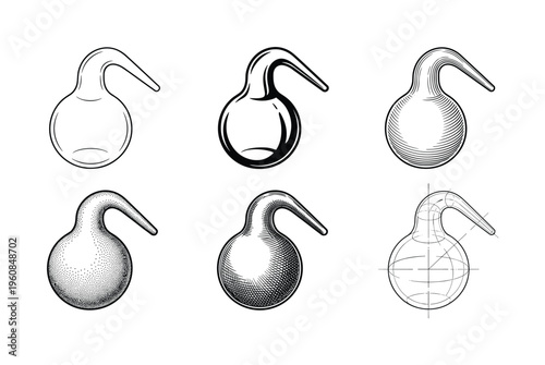 A set of six vector illustrations of a chemical retort. Includes line art, engraving, stippling, and schematic styles. Perfect for science, alchemy, or historical themes.