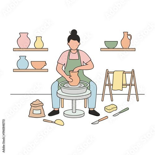 A woman creates pottery on a wheel in a studio surrounded by vases and tools.