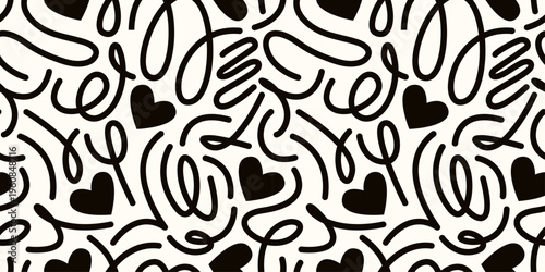 Seamless doodle pattern with black hearts, loops and squiggle lines on white background. Monochrome repeating composition with bold outlined shapes and flowing organic rhythm for modern surfaces.