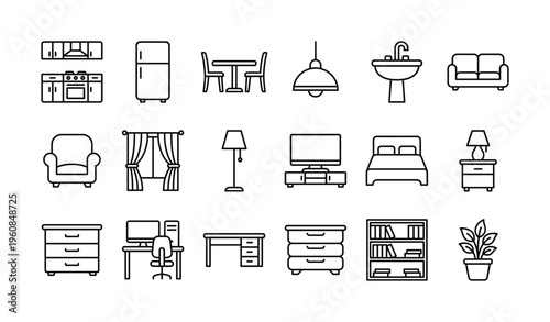 A versatile set of home furniture and interior line icons. Minimalist vector symbols for various rooms, perfect for web design, apps, and infographics. Clean and modern style.