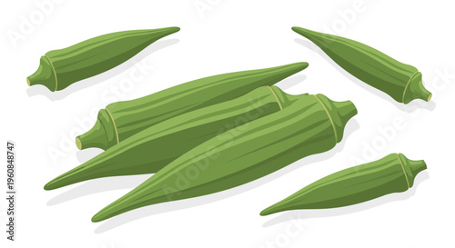 Collection of fresh okra pods, depicted in various orientations, highlighting their elongated, tapered shape and fuzzy texture, ideal for healthy eating and cooking themes.