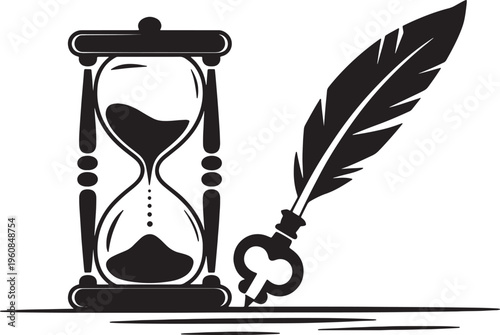 Vintage silhouette of hourglass and quill pen with ink nib for history and literature concepts set. Vector illustration