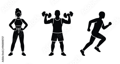 A set of black silhouettes of active people exercising. A woman stands, a man lifts dumbbells, and another runs. Perfect for fitness, gym, and health concepts.