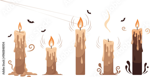 Spooky melting candles collection with dripping wax, flickering flames and Halloween atmosphere elements, dark gothic vector illustration set for horror design