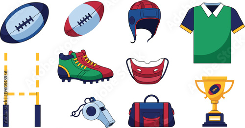 Rugby Sports Equipment Collection with Ball Helmet Jersey Boots Goal Post Whistle Bag Trophy and Protective Gear Flat Vector Illustration