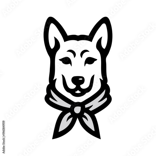 Logotipo tienda de mascotas. Dibujo sencillo con líneas de la cabeza de un perro simpático visto de frente con pañuelo en el cuello 