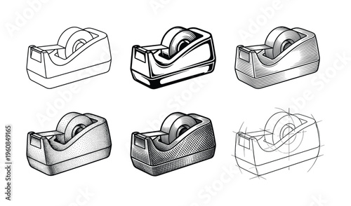 A set of six adhesive tape dispenser vector illustrations. Shows various graphic styles like line art, engraving, stippling, and sketch. Perfect for office or creative concepts.