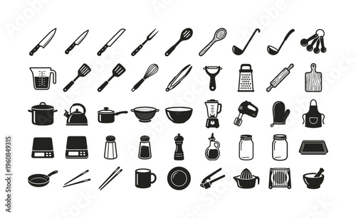 A comprehensive set of kitchen utensils and cookware icons. Black silhouette vector symbols for cooking, recipes, food blogs, and culinary design. Simple and modern glyphs.
