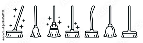 A set of broom and brush line icons for cleaning services. Minimalist vector symbols perfect for housekeeping logos, hygiene infographics, or illustrating chores and tidiness.