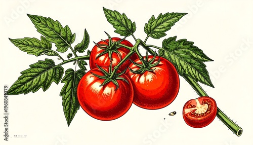A vibrant illustration of tomatoes on a vine with green leaves