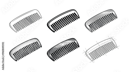 A set of six comb illustrations in various graphic styles like engraving, sketch, and stipple. Perfect vector icons for barbershop, salon, or hair care product branding.