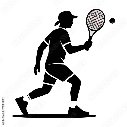 Silhouette of a tennis player in action hitting a ball with a vector racket