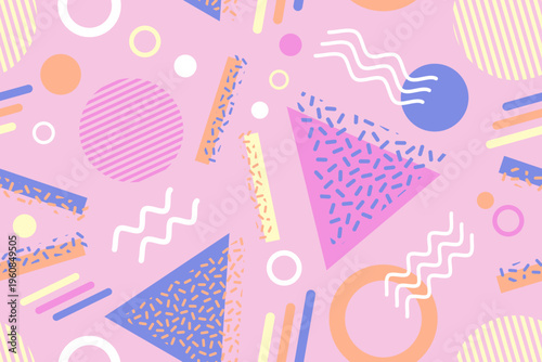 Memphis design seamless repeat pattern. Memphis 80s geometric colorful creative design vector illustration. For textile, texture, fabric wrapping, decorative, wallpaper, shirts, clothing, tablecloth